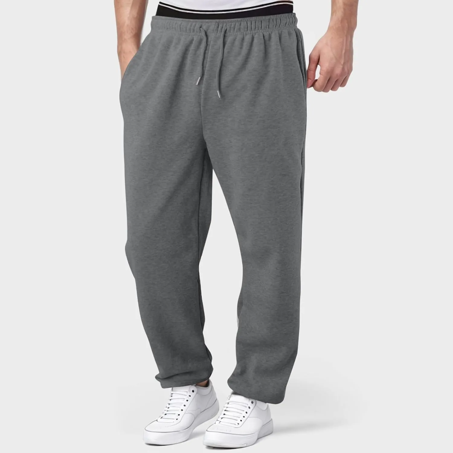 Mens Heavyweight Baggy Elastic Waist Drawstring Sweatpants Fleece Cargo Sweatpants with Pockets Joggers Trousers