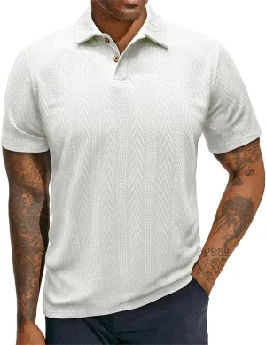 Men's Jacquard Polo Shirt Short Sleeve Solid Color Textured Top Button Down Collar Stylish Office Meeting Summer Fashion Top