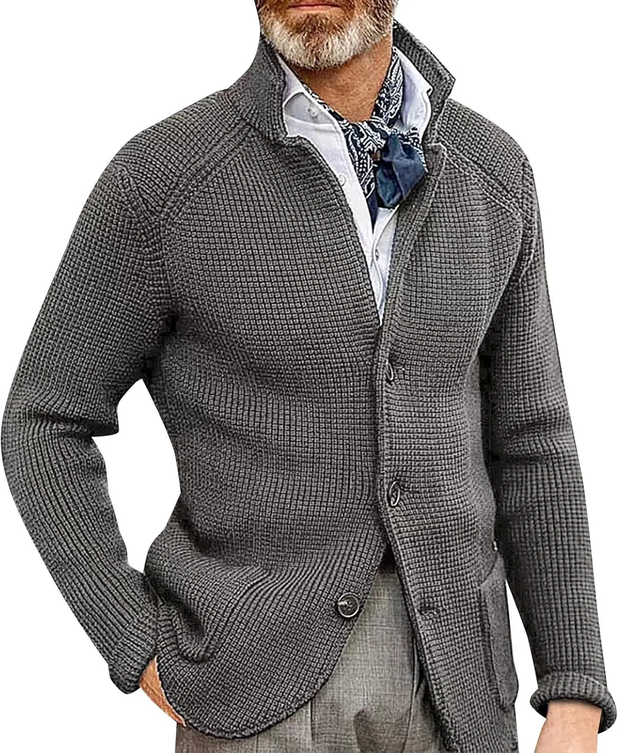 Mens Knit Cardigans Coats Button Down Stand Collar Soft Sweater Jackets Waffle Textured Classic Casual Warm Outwear