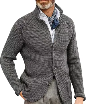 Mens Knit Cardigans Coats Button Down Stand Collar Soft Sweater Jackets Waffle Textured Classic Casual Warm Outwear
