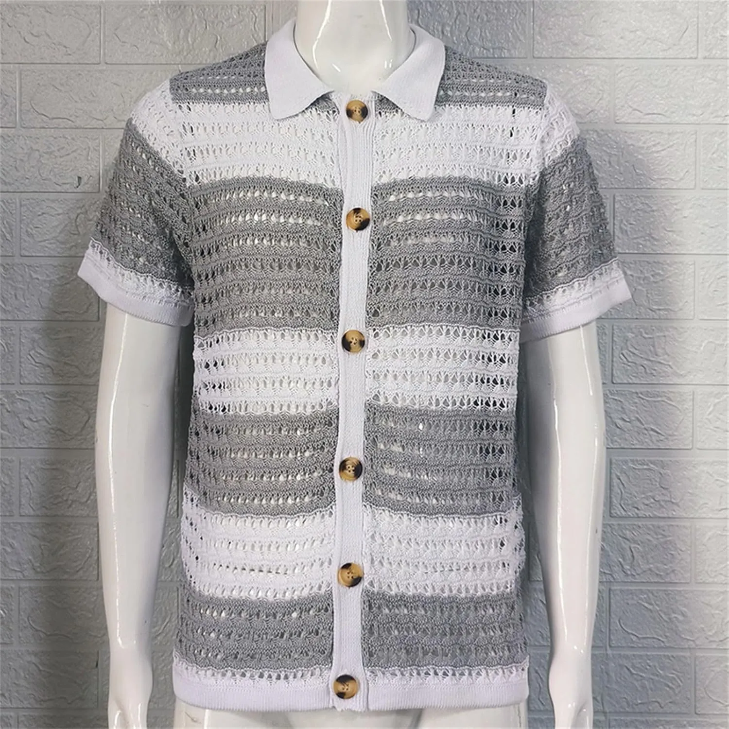 Mens Knit Shirt 2024 New Button Down Short Sleeve Lapel Collar Stripe Contrast Color Textured Cutout Cardigan Shirt