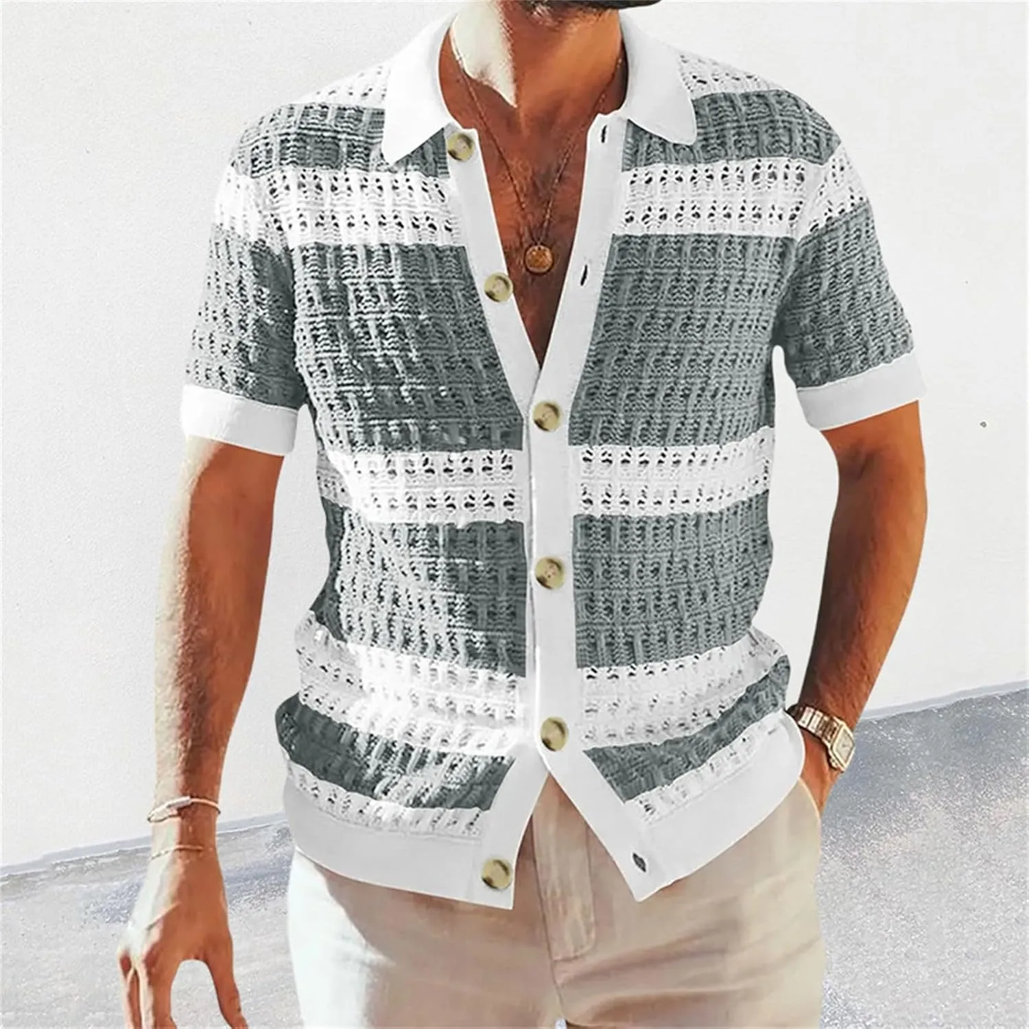 Mens Knit Shirt 2024 New Button Down Short Sleeve Lapel Collar Stripe Contrast Color Textured Cutout Cardigan Shirt