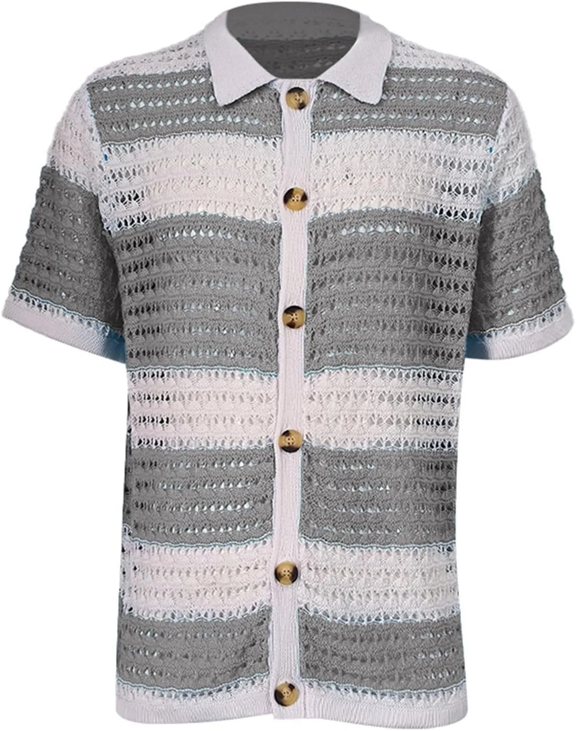 Mens Knit Shirt 2024 New Button Down Short Sleeve Lapel Collar Stripe Contrast Color Textured Cutout Cardigan Shirt