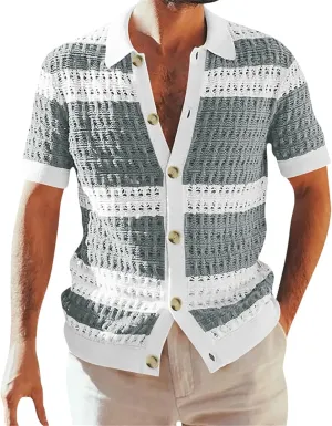 Mens Knit Shirt 2024 New Button Down Short Sleeve Lapel Collar Stripe Contrast Color Textured Cutout Cardigan Shirt