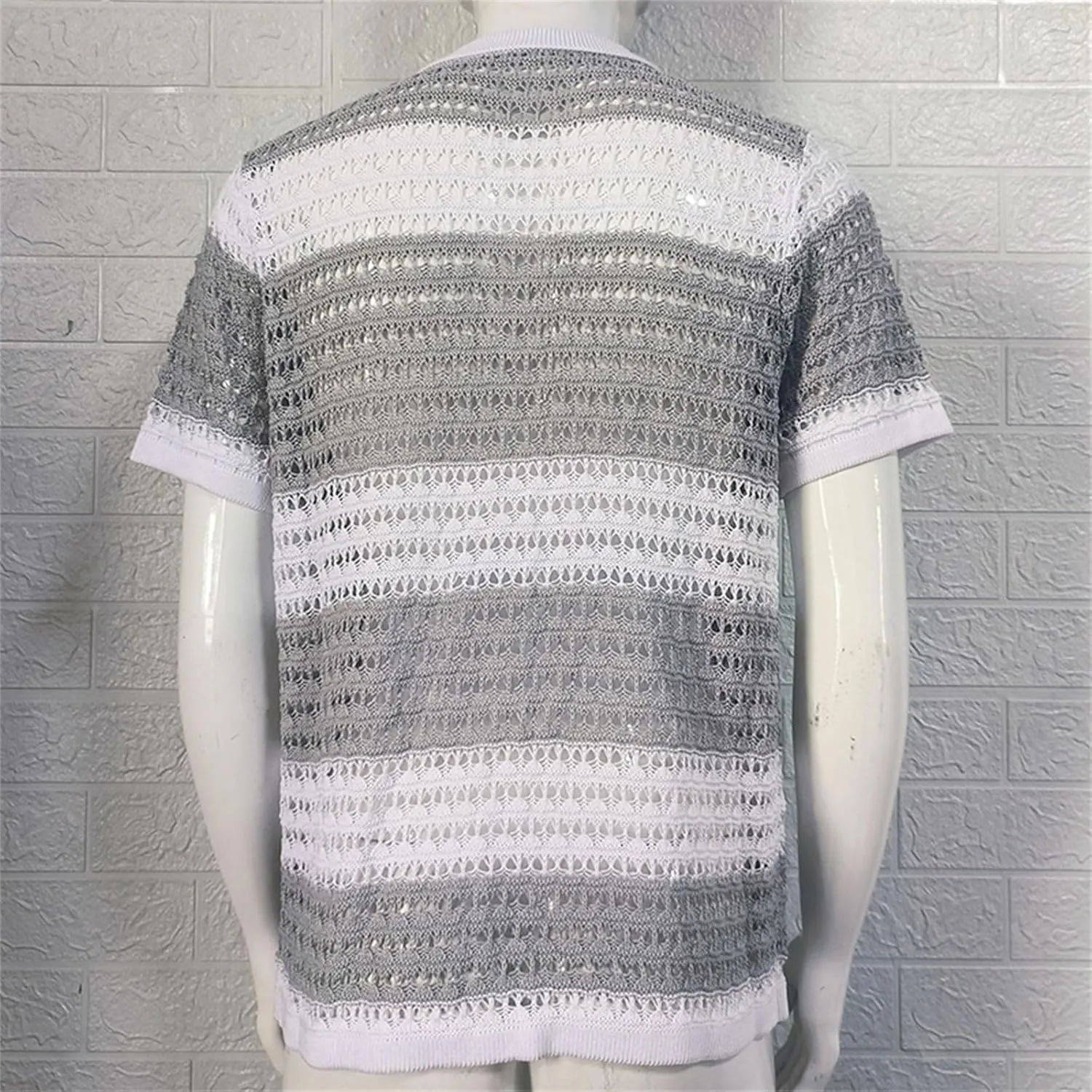 Mens Knit Shirt 2024 New Button Down Short Sleeve Lapel Collar Stripe Contrast Color Textured Cutout Cardigan Shirt
