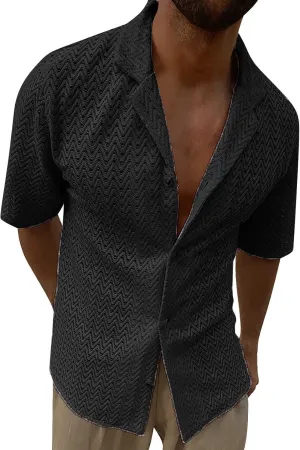 Men's Knit Shirts Short Sleeve Button Down Breathable Textured Cutout Polo Shirt Fashion Casual Summer Beach Shirts