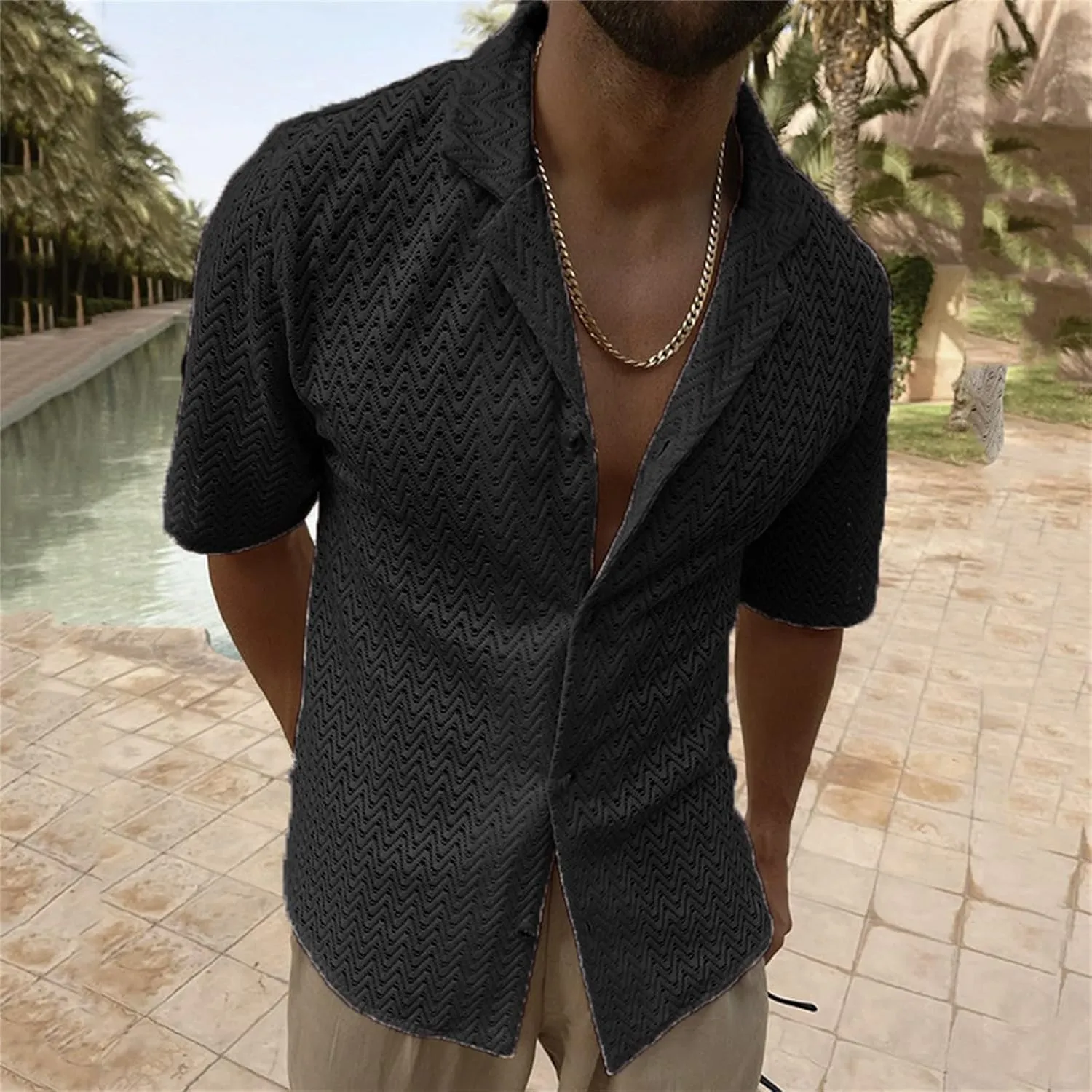 Men's Knit Shirts Short Sleeve Button Down Breathable Textured Cutout Polo Shirt Fashion Casual Summer Beach Shirts