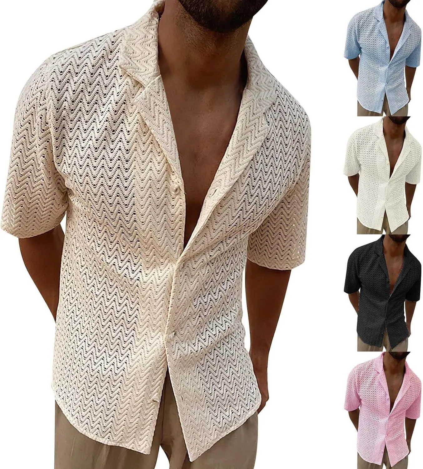 Men's Knit Shirts Short Sleeve Button Down Breathable Textured Cutout Polo Shirt Fashion Casual Summer Beach Shirts