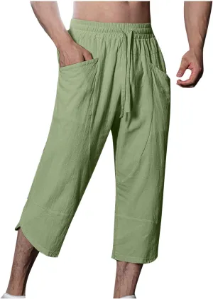 Mens Linen Capri Pants Summer Baggy Casual Beach Capris Lightweight Solid Drawstring Elastic Waist Yoga Trousers Plus
