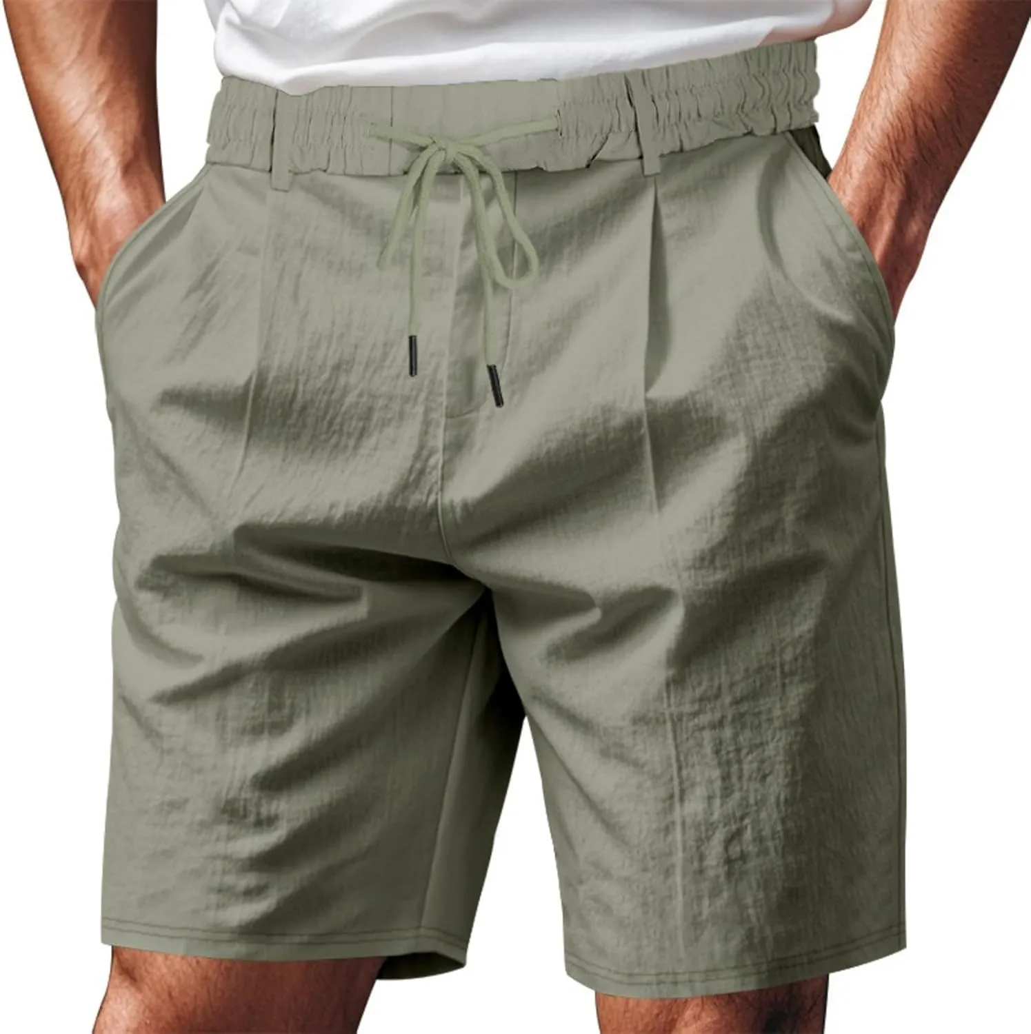 Mens Linen Shorts Elastic Waist Shorts Casual Summer Lightweight Cotton Linen Pants with Pockets