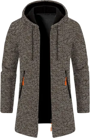Mens Long Cardigan Jacket Thermal Loose Fit Casual Coat Hooded Drawstring Warm Sweaters Fashion Knitted Jackets