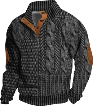 Mens Quarter Button Sweatshirts 3D Print Twist Pattern Pullover with Elbow Patches Long Sleeve Stand Collar Henley