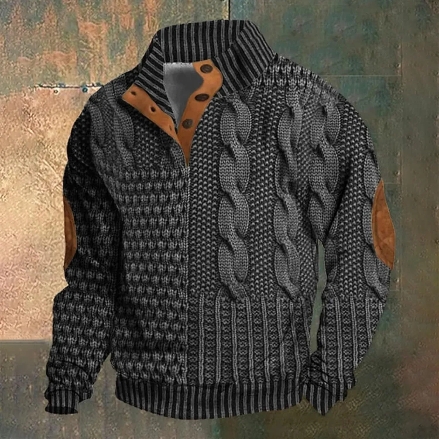 Mens Quarter Button Sweatshirts 3D Print Twist Pattern Pullover with Elbow Patches Long Sleeve Stand Collar Henley