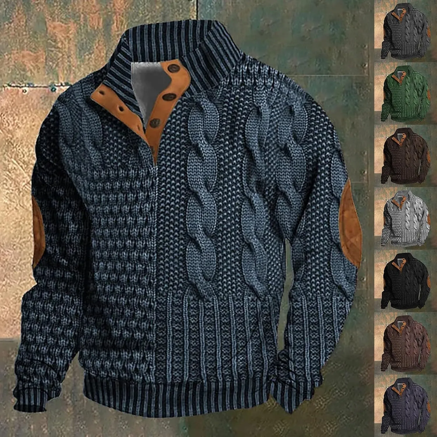 Mens Quarter Button Sweatshirts 3D Print Twist Pattern Pullover with Elbow Patches Long Sleeve Stand Collar Henley