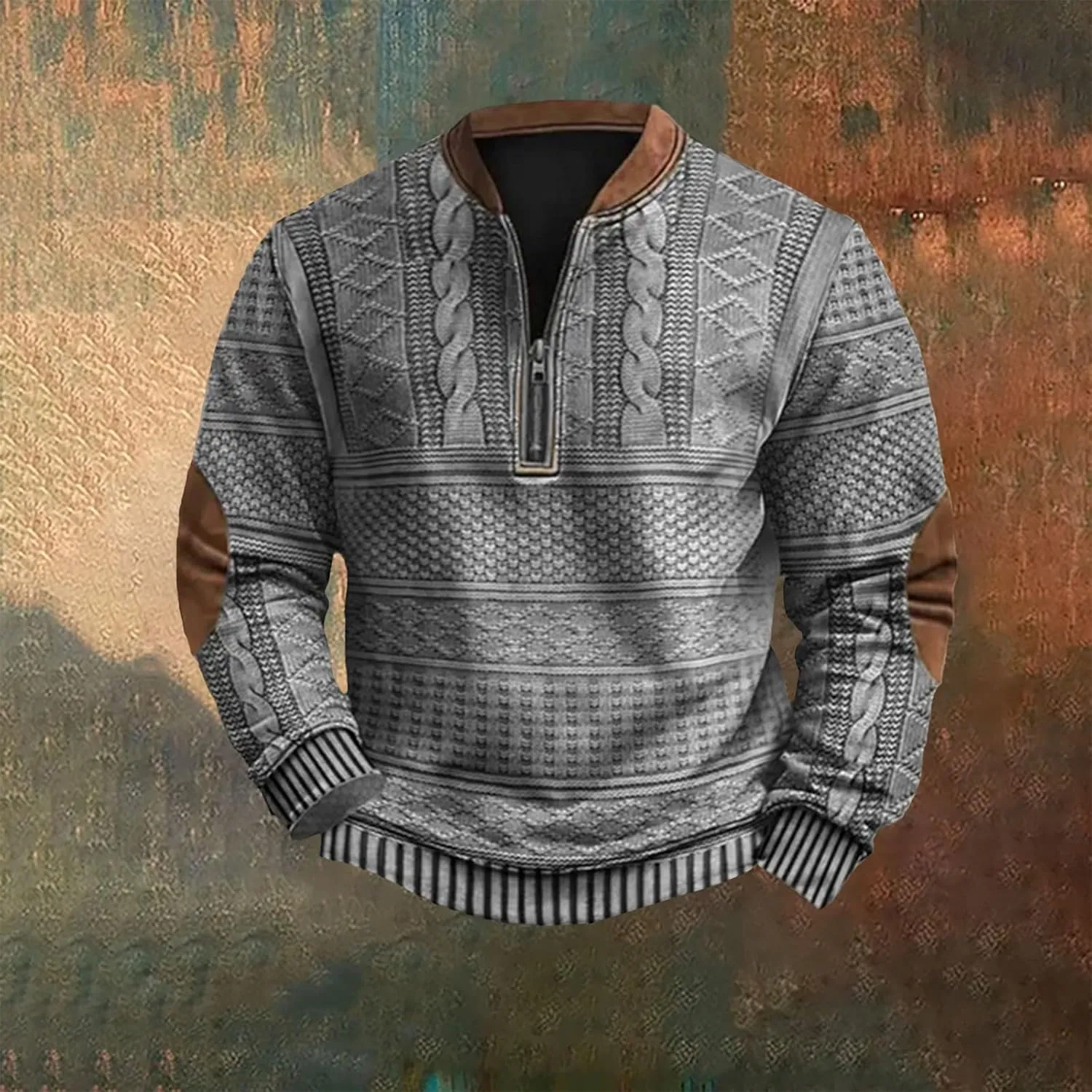 Mens Quarter Zip Sweatshirt Vintage Knit Print Graphic Sweatshirt Stand Collar Pullover Sweater Fall Winter Clothing