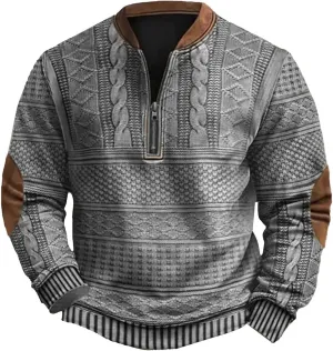 Mens Quarter Zip Sweatshirt Vintage Knit Print Graphic Sweatshirt Stand Collar Pullover Sweater Fall Winter Clothing