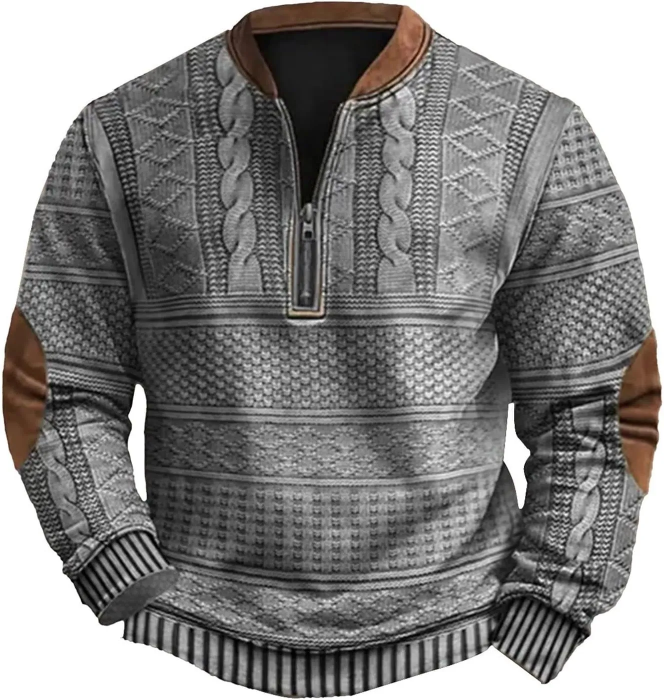 Mens Quarter Zip Sweatshirt Vintage Knit Print Graphic Sweatshirt Stand Collar Pullover Sweater Fall Winter Clothing
