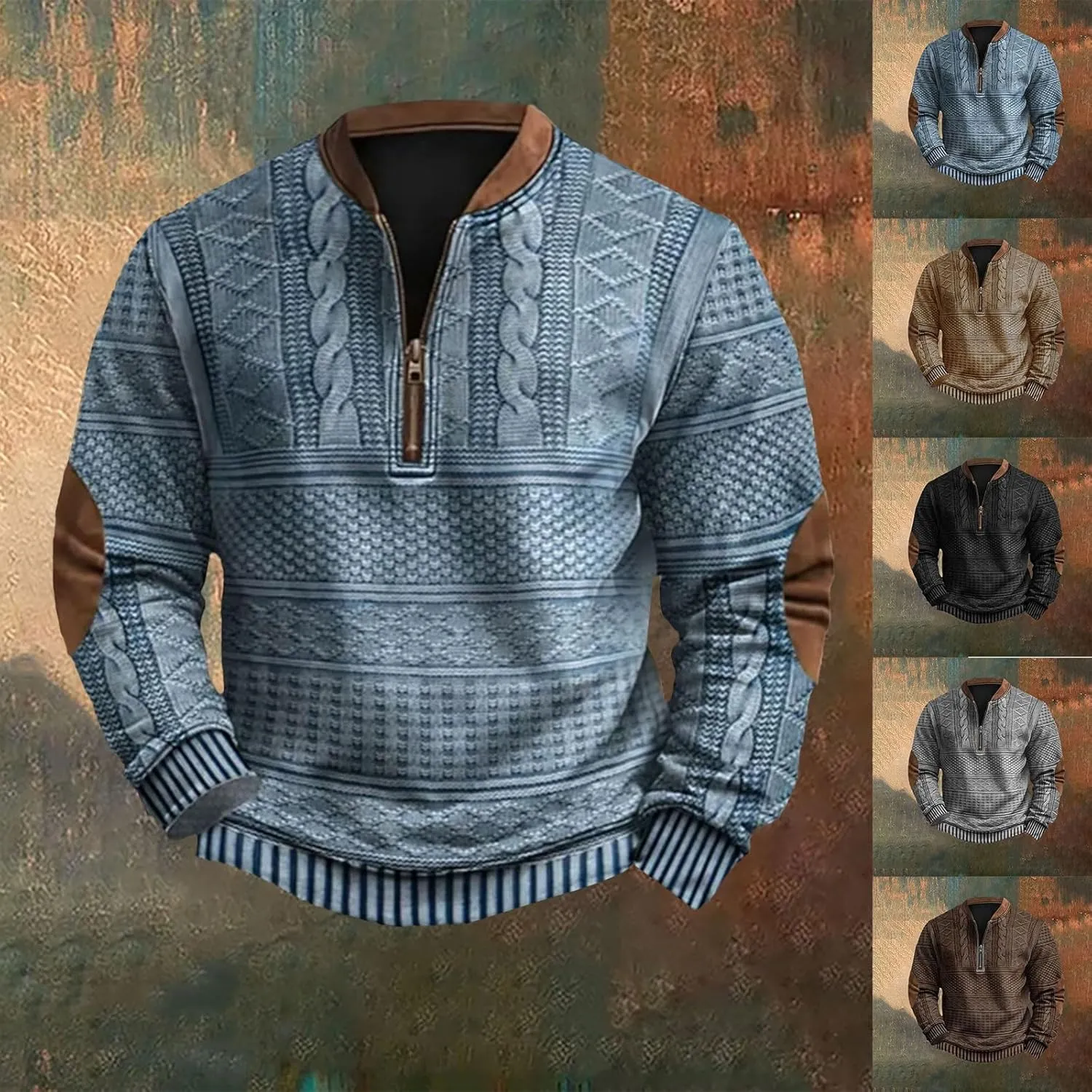 Mens Quarter Zip Sweatshirt Vintage Knit Print Graphic Sweatshirt Stand Collar Pullover Sweater Fall Winter Clothing