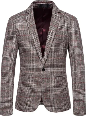 Mens Tweed Blazer Vintage Classic Fit Wool Blend Blazers One Button Sport Coat Notch Lapel Business Jackets Suit