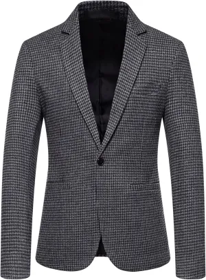 Mens Tweed Blazer Vintage Classic Fit Wool Blend Blazers One Button Sport Coat Notch Lapel Business Jackets Suit