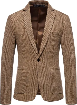 Mens Tweed Blazer Vintage Classic Fit Wool Blend Blazers One Button Sport Coat Notch Lapel Business Jackets Suit