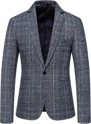 Mens Tweed Blazer Vintage Classic Fit Wool Blend Blazers One Button Sport Coat Notch Lapel Business Jackets Suit