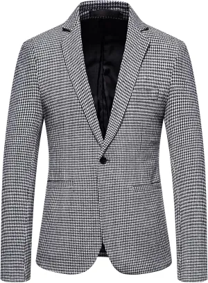 Mens Tweed Blazer Vintage Classic Fit Wool Blend Blazers One Button Sport Coat Notch Lapel Business Jackets Suit