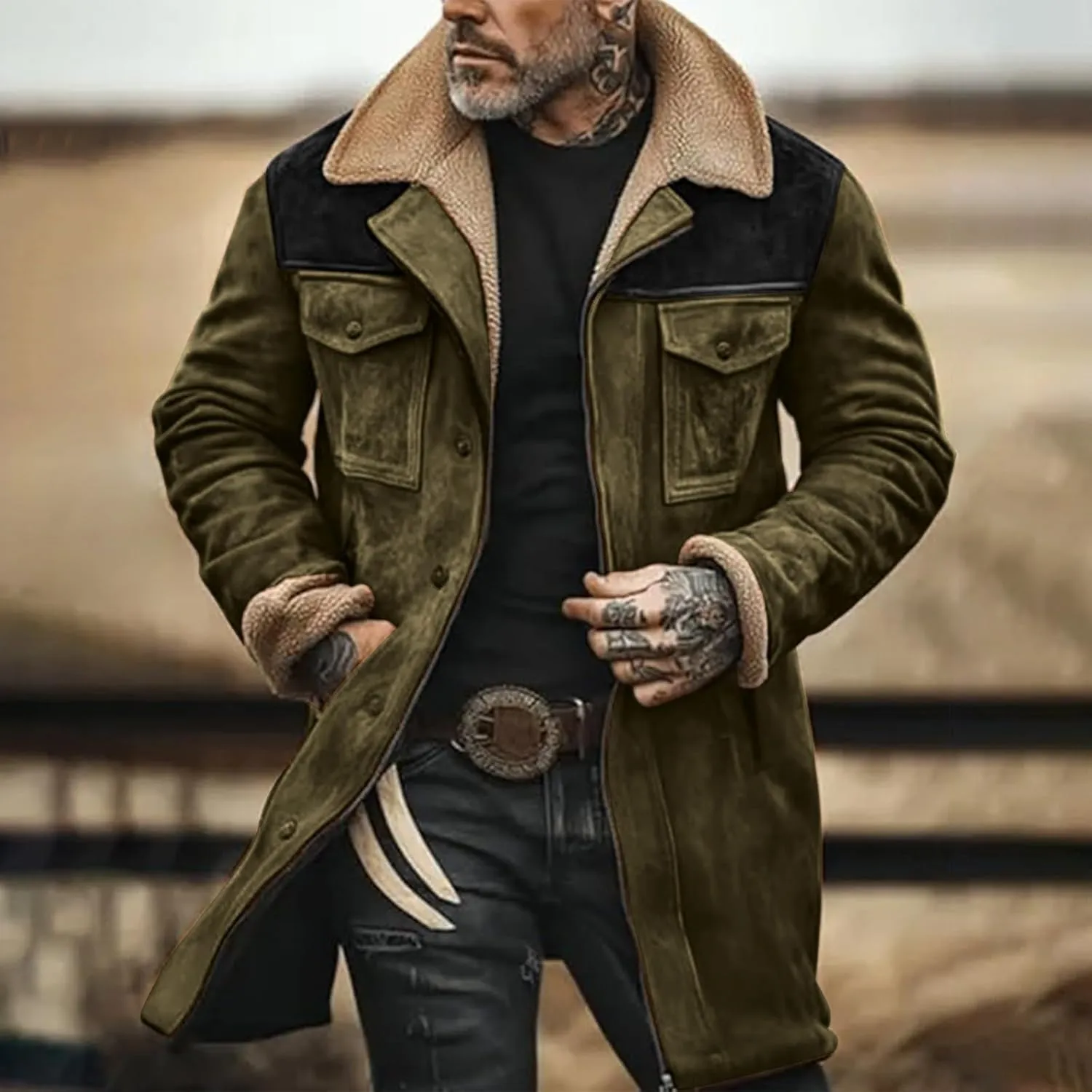 Men's Vintage Suede Jacket Plush Collar Coats Faux Leather Jacket Men Zip Up Motorcycle Jacket Coats Retro Tops