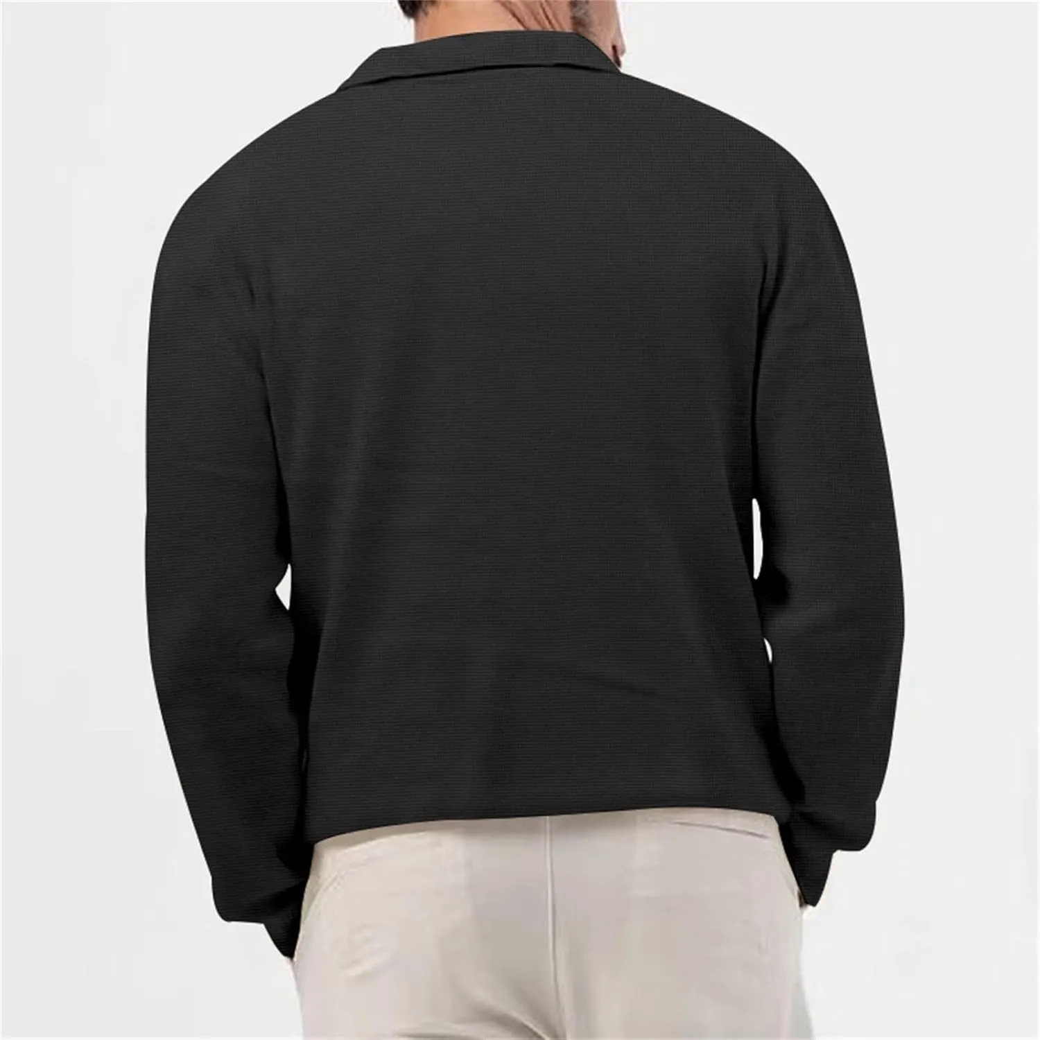 Mens Waffle Polo Shirt Long Sleeve V Neck Casual Slim Fit Collared Golf T-Shirts Thermal Textured Pullover Tops