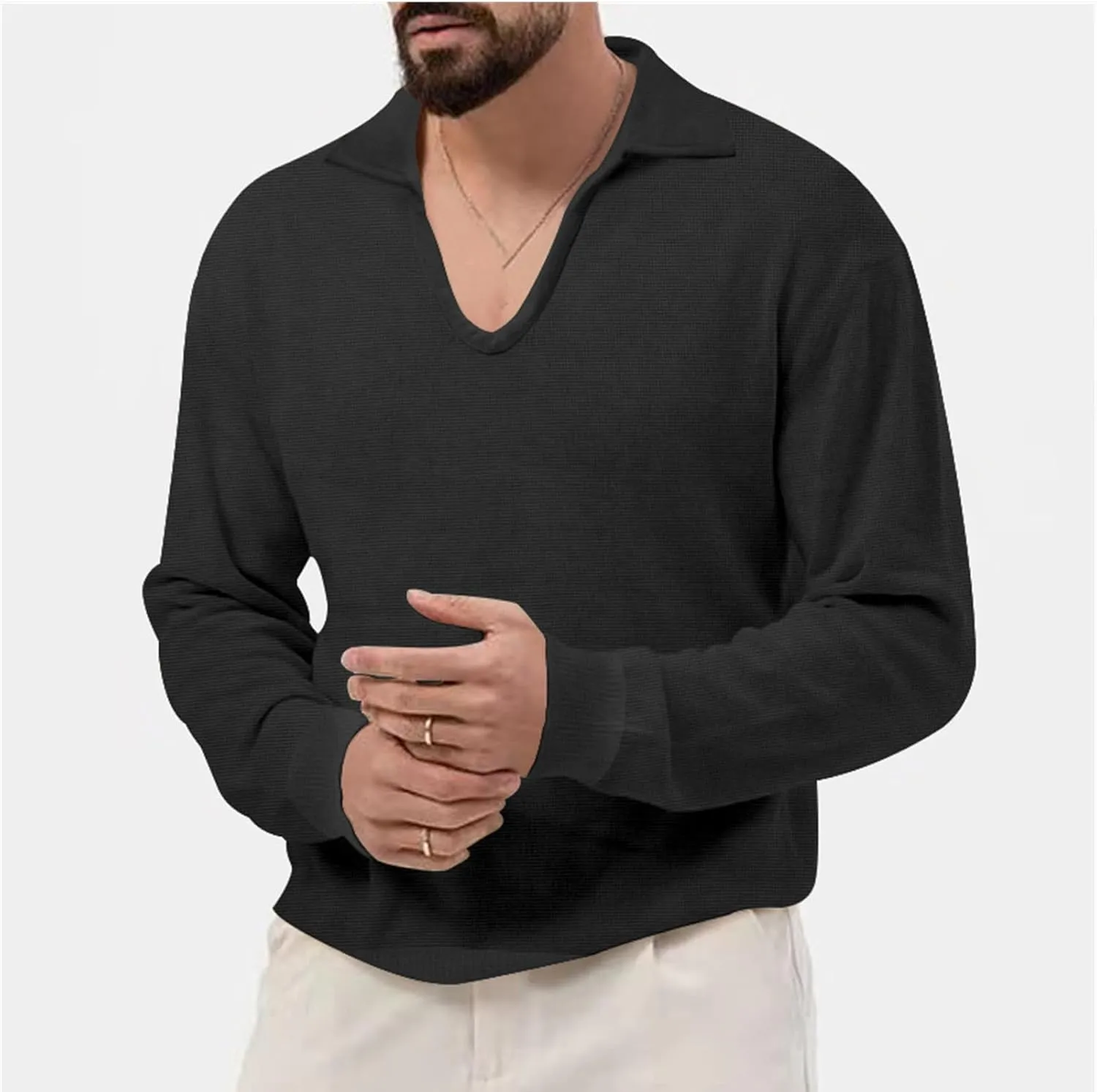 Mens Waffle Polo Shirt Long Sleeve V Neck Casual Slim Fit Collared Golf T-Shirts Thermal Textured Pullover Tops