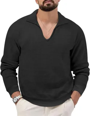 Mens Waffle Polo Shirt Long Sleeve V Neck Casual Slim Fit Collared Golf T-Shirts Thermal Textured Pullover Tops