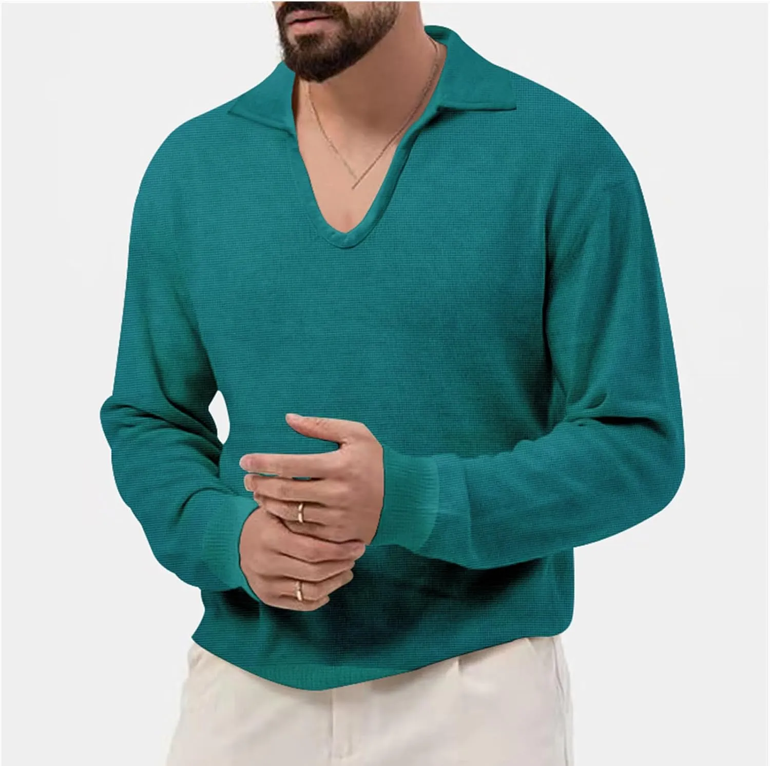 Mens Waffle Polo Shirt Long Sleeve V Neck Casual Slim Fit Collared Golf T-Shirts Thermal Textured Pullover Tops