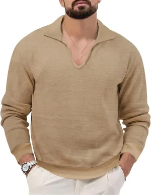 Mens Waffle Polo Shirt Long Sleeve V Neck Casual Slim Fit Collared Golf T-Shirts Thermal Textured Pullover Tops