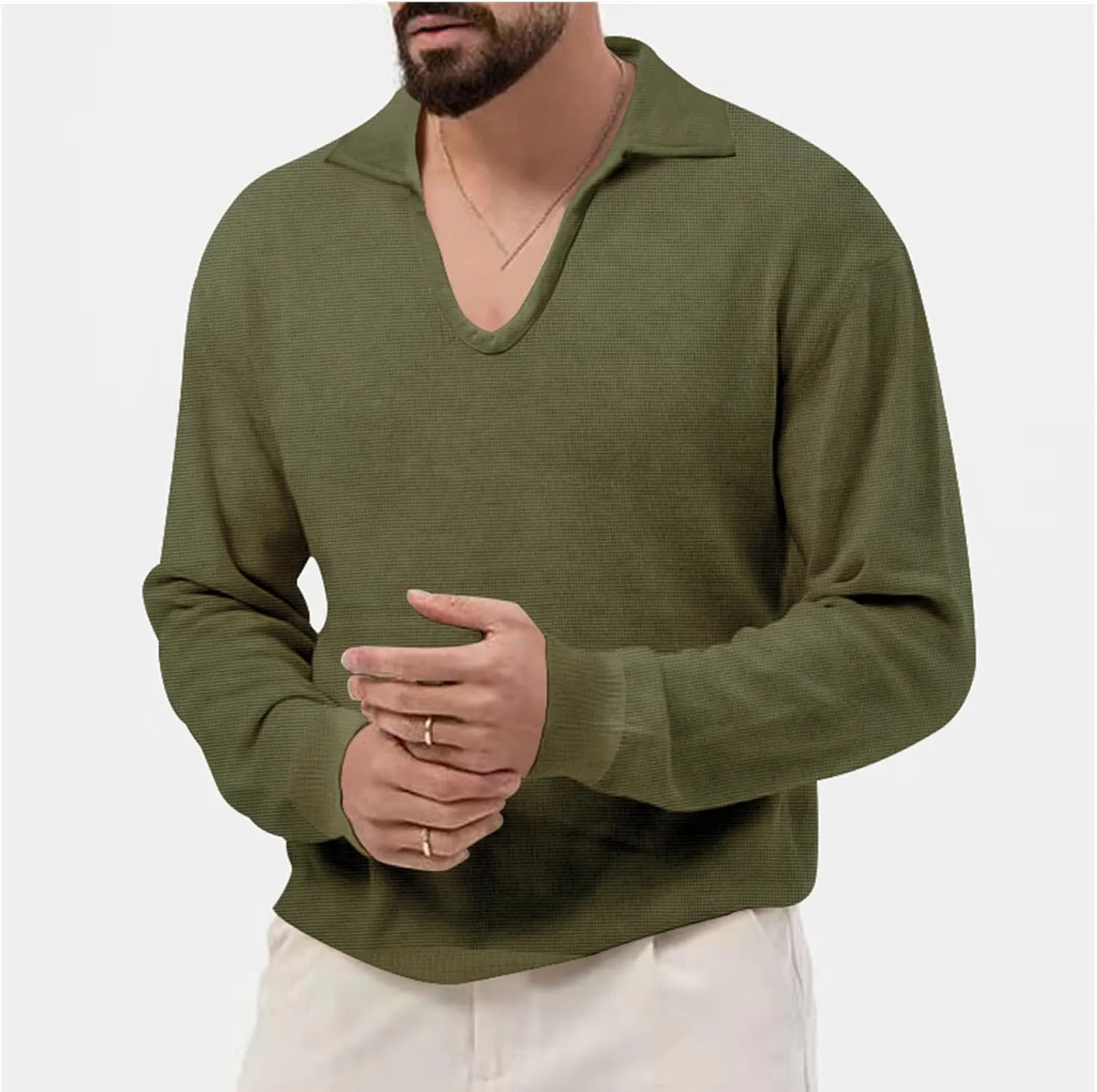 Mens Waffle Polo Shirt Long Sleeve V Neck Casual Slim Fit Collared Golf T-Shirts Thermal Textured Pullover Tops