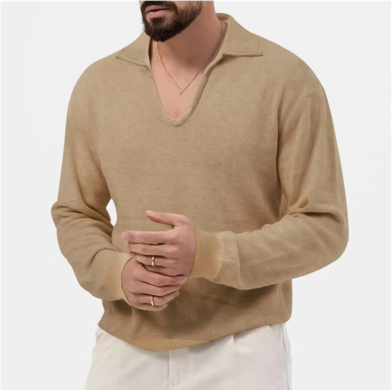 Mens Waffle Polo Shirt Long Sleeve V Neck Casual Slim Fit Collared Golf T-Shirts Thermal Textured Pullover Tops