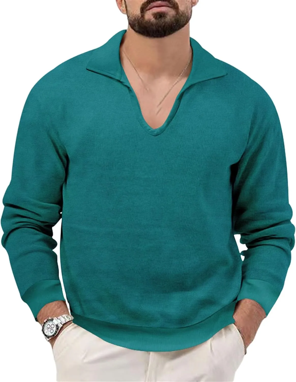 Mens Waffle Polo Shirt Long Sleeve V Neck Casual Slim Fit Collared Golf T-Shirts Thermal Textured Pullover Tops