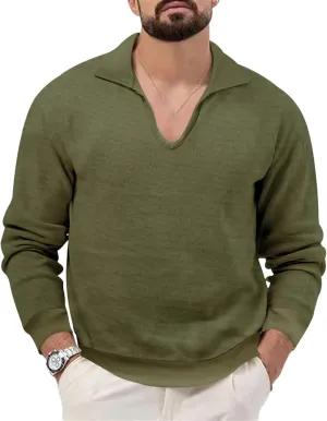 Mens Waffle Polo Shirt Long Sleeve V Neck Casual Slim Fit Collared Golf T-Shirts Thermal Textured Pullover Tops