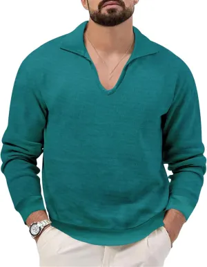 Mens Waffle Polo Shirt Long Sleeve V Neck Casual Slim Fit Collared Golf T-Shirts Thermal Textured Pullover Tops