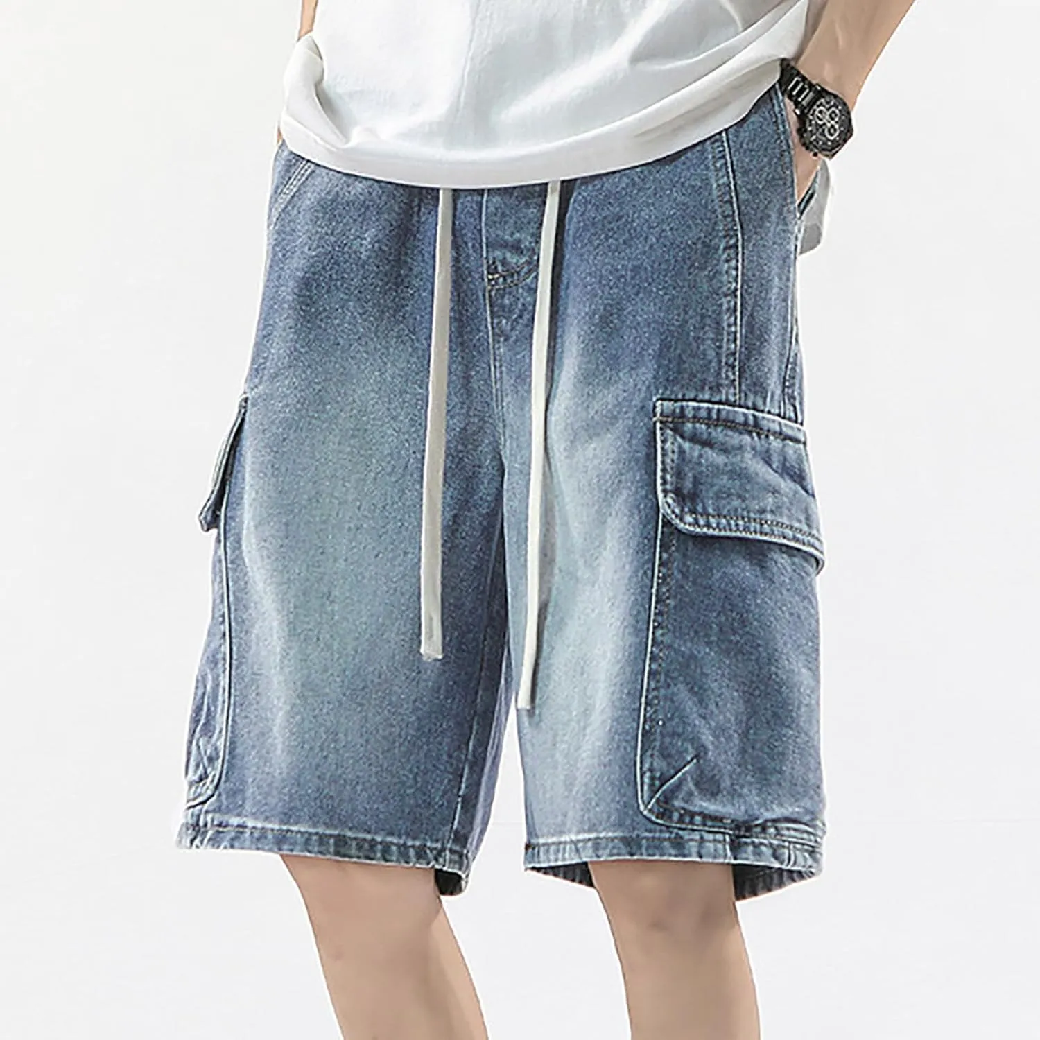 Men's Wide Leg Y2K Hip Hop Mid Jean Shorts Baggy Denim Shorts with Pockets Aesthetic Pants Streetwear Clothes