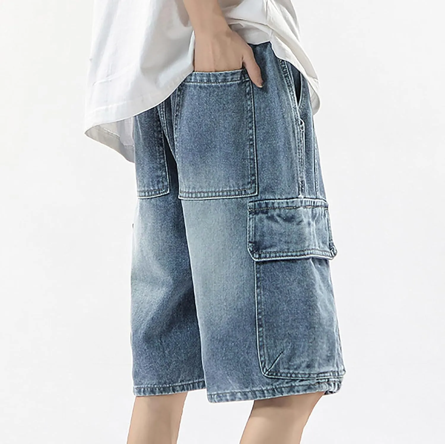 Men's Wide Leg Y2K Hip Hop Mid Jean Shorts Baggy Denim Shorts with Pockets Aesthetic Pants Streetwear Clothes