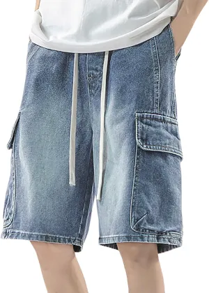 Men's Wide Leg Y2K Hip Hop Mid Jean Shorts Baggy Denim Shorts with Pockets Aesthetic Pants Streetwear Clothes
