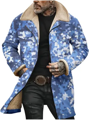 Men's Winter Coat Vintage Sherpa Fleece Lined Jacket Plush Collar Coats Camo Zip Up Motorcycle Jacket Coat Retro Tops