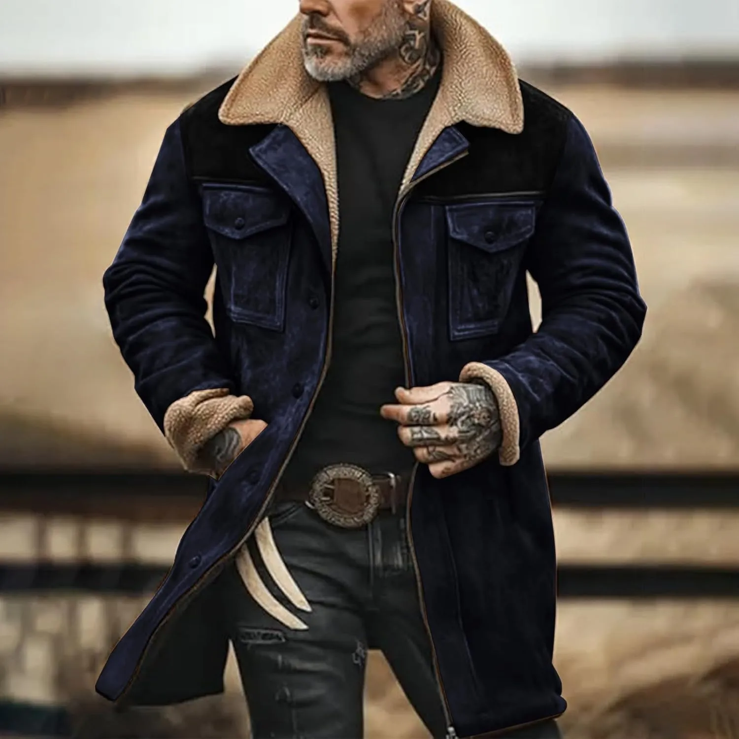 Men's Winter Coat Vintage Sherpa Fleece Lined Jacket Plush Collar Coats Camo Zip Up Motorcycle Jacket Coat Retro Tops