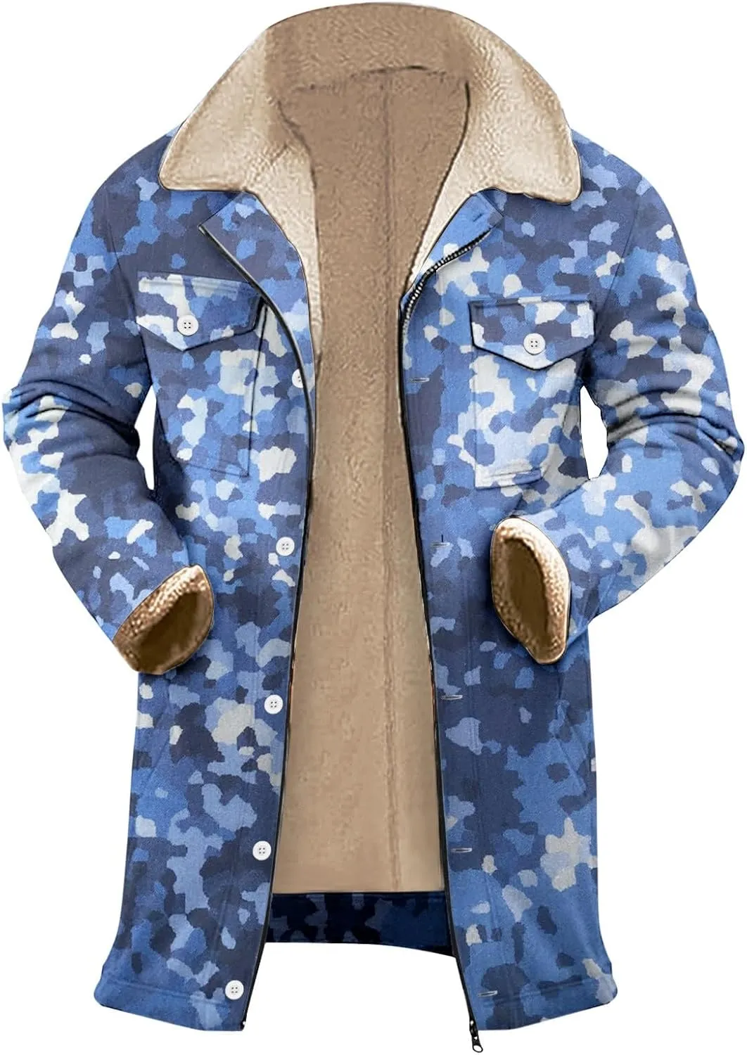 Men's Winter Coat Vintage Sherpa Fleece Lined Jacket Plush Collar Coats Camo Zip Up Motorcycle Jacket Coat Retro Tops