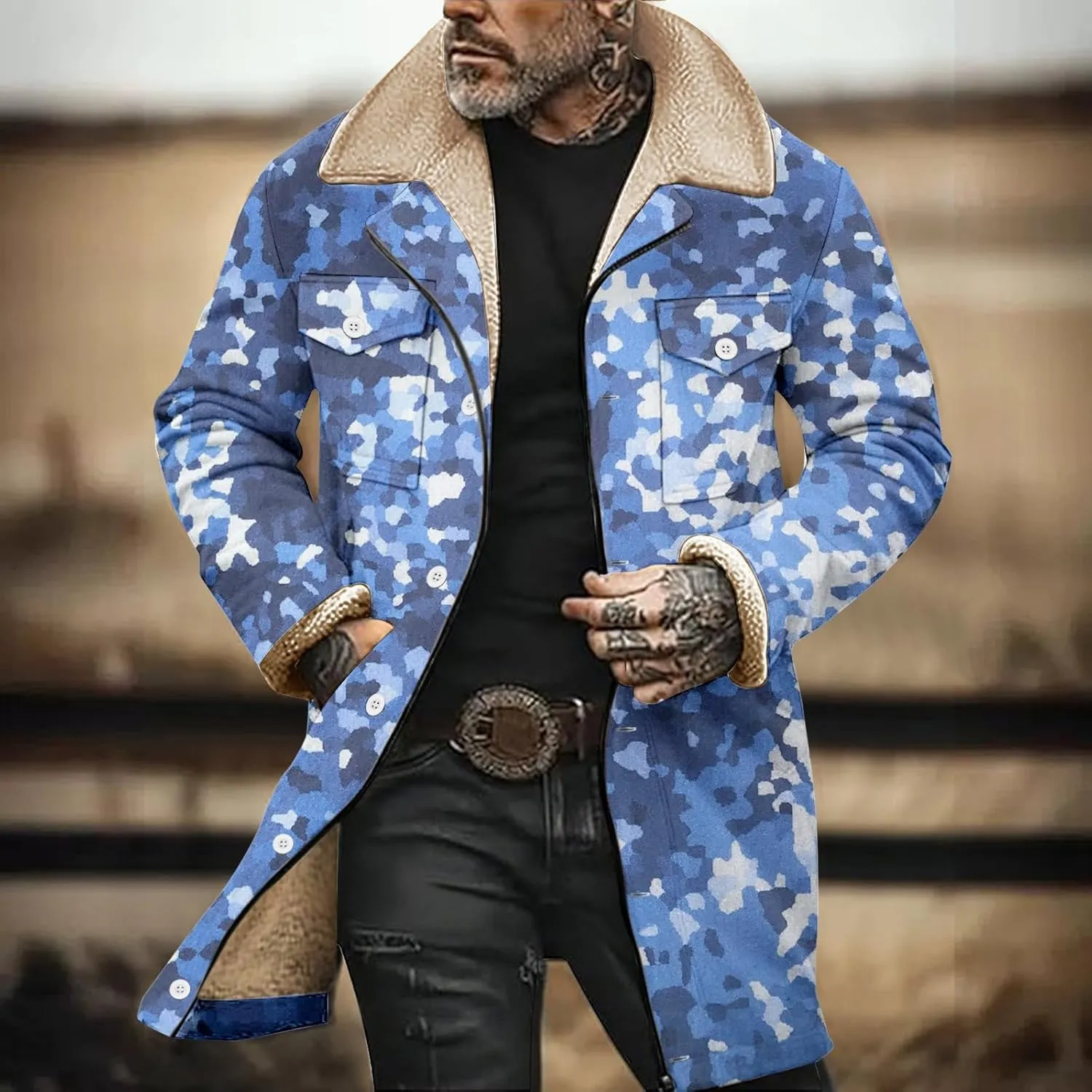 Men's Winter Coat Vintage Sherpa Fleece Lined Jacket Plush Collar Coats Camo Zip Up Motorcycle Jacket Coat Retro Tops