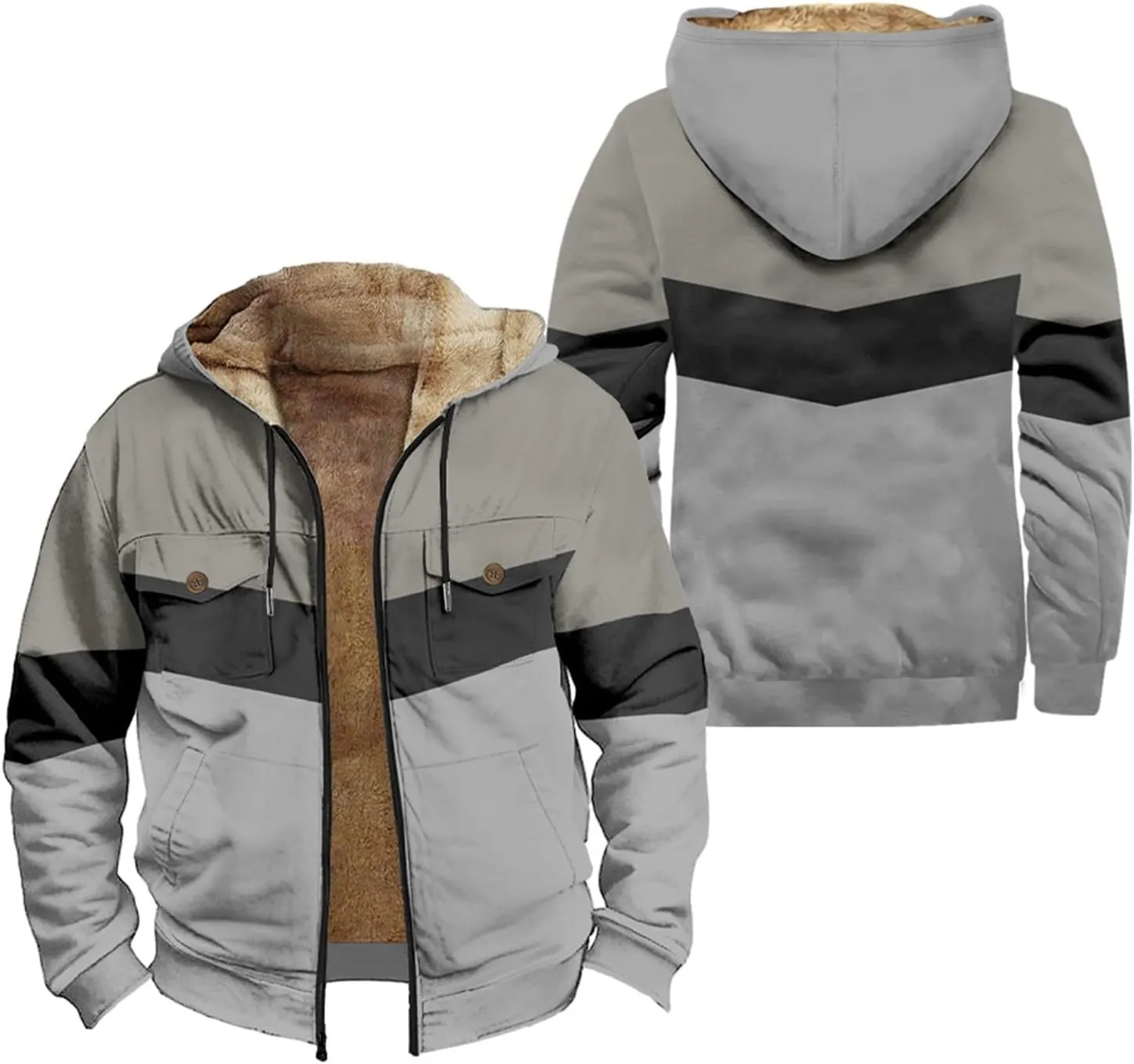 Mens Winter Jacket Sherpa With Hood Warm Coats Fleece Zipper Hoodie Big Tall Heavyweight Fall Outfits With Pockets