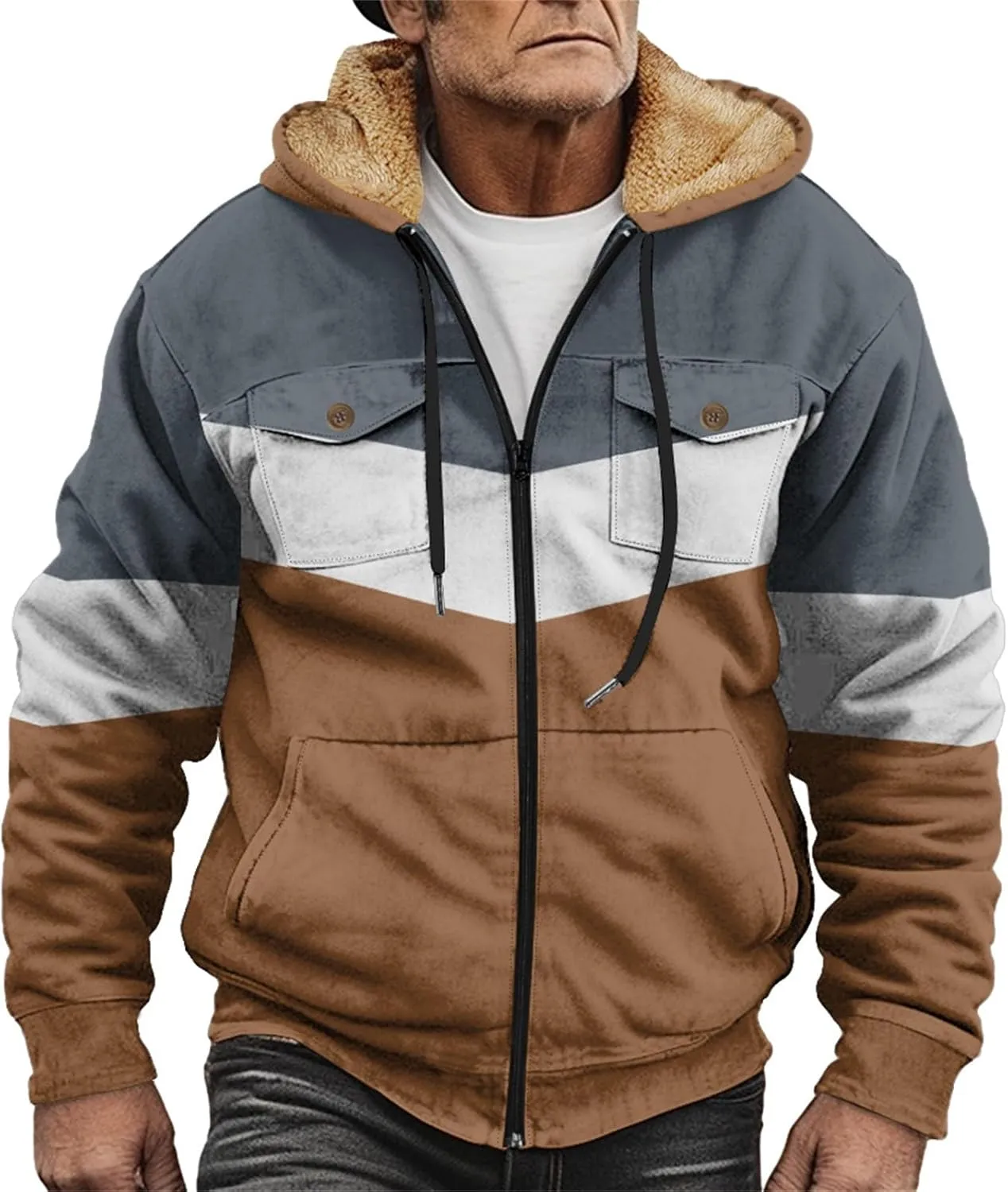 Mens Winter Jacket Sherpa With Hood Warm Coats Fleece Zipper Hoodie Big Tall Heavyweight Fall Outfits With Pockets