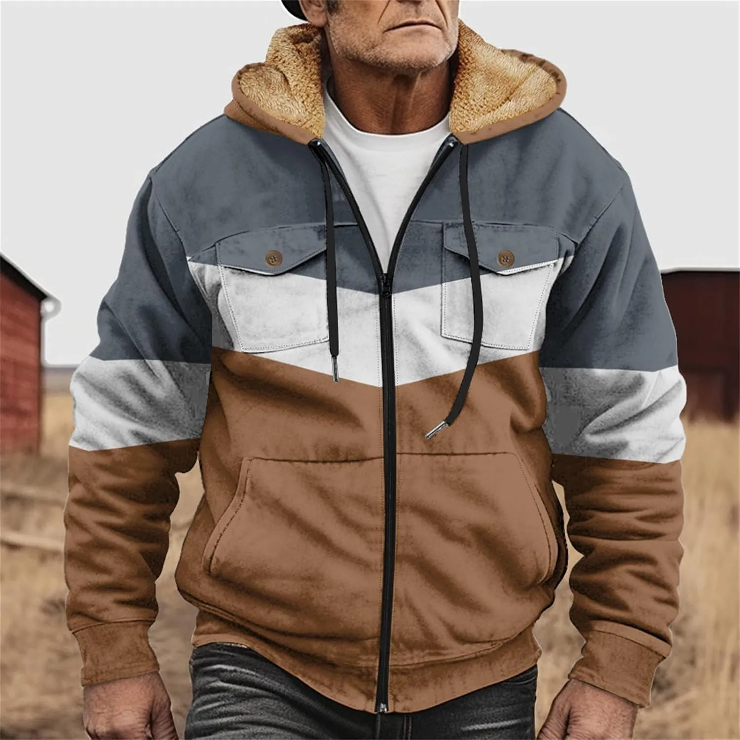 Mens Winter Jacket Sherpa With Hood Warm Coats Fleece Zipper Hoodie Big Tall Heavyweight Fall Outfits With Pockets