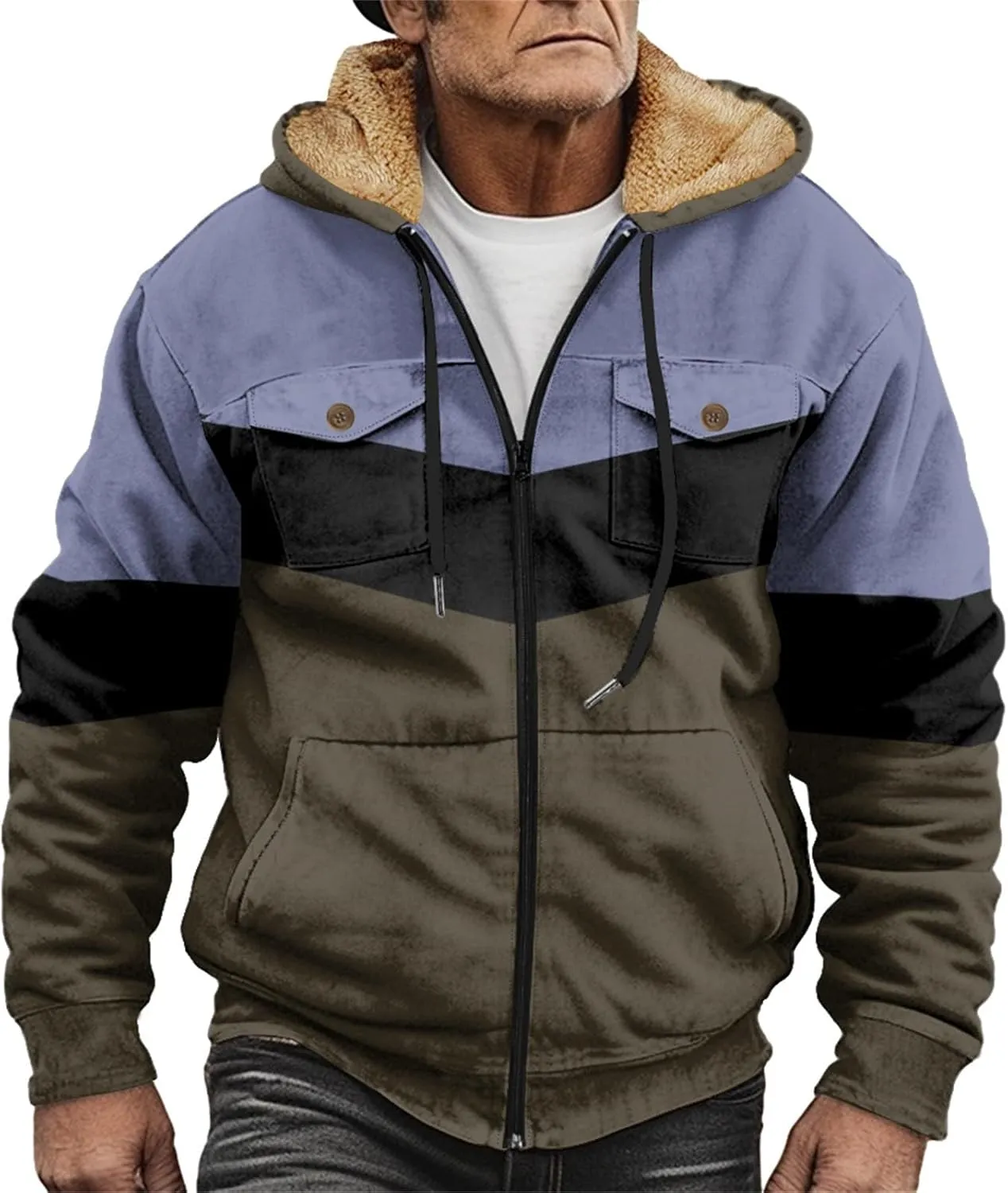 Mens Winter Jacket Sherpa With Hood Warm Coats Fleece Zipper Hoodie Big Tall Heavyweight Fall Outfits With Pockets