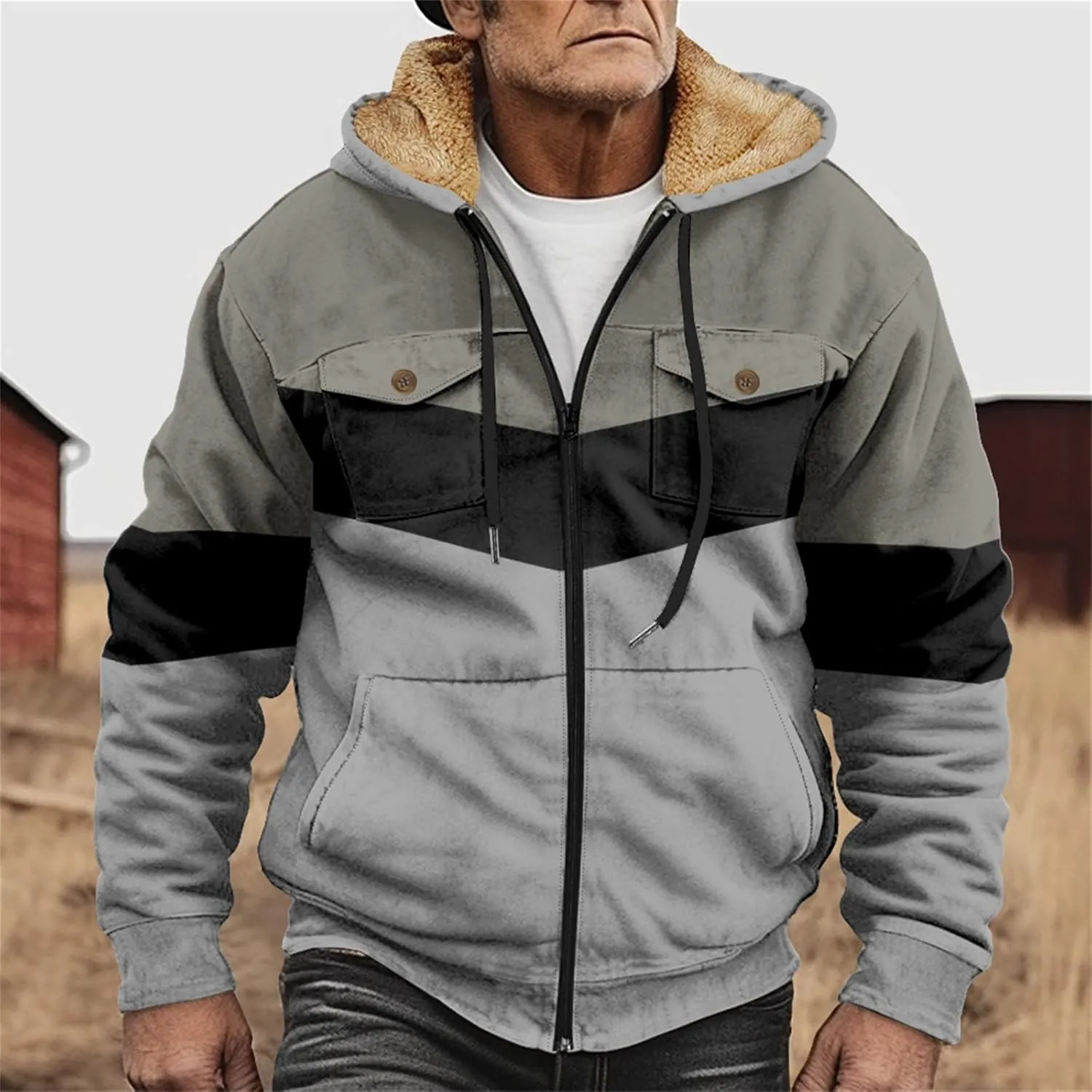 Mens Winter Jacket Sherpa With Hood Warm Coats Fleece Zipper Hoodie Big Tall Heavyweight Fall Outfits With Pockets